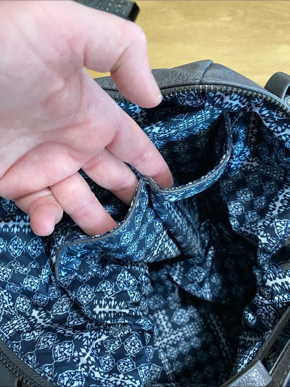 MMS Design Studio Navy and Gray Patterned Handbag Interior